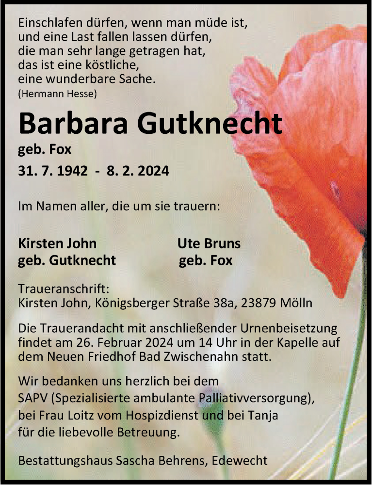 Traueranzeige für Barbara Gutknecht vom 17.02.2024 aus Nordwest-Zeitung