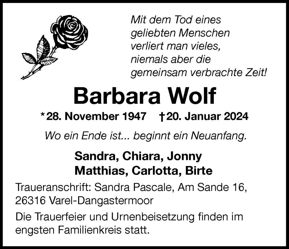  Traueranzeige für Barbara Wolf vom 24.02.2024 aus Nordwest-Zeitung