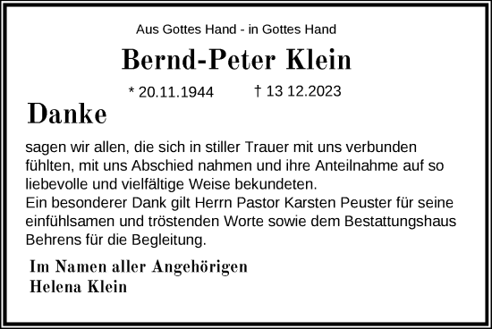 Traueranzeige von Bernd-Peter Klein von Nordwest-Zeitung