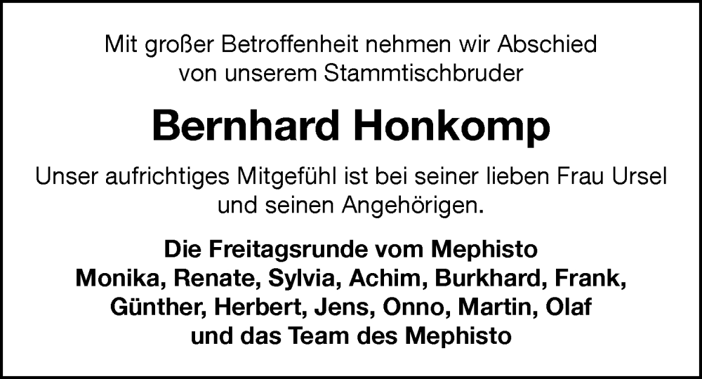  Traueranzeige für Bernhard Honkomp vom 09.02.2024 aus Nordwest-Zeitung