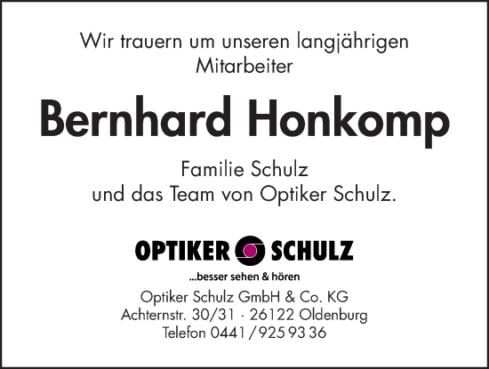 Traueranzeige von Bernhard Honkomp von Nordwest-Zeitung