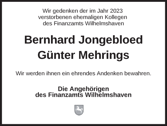 Traueranzeige von Bernhard Jongebloed von WZ/JW/AH