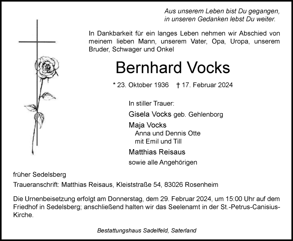  Traueranzeige für Bernhard Vocks vom 22.02.2024 aus Nordwest-Zeitung