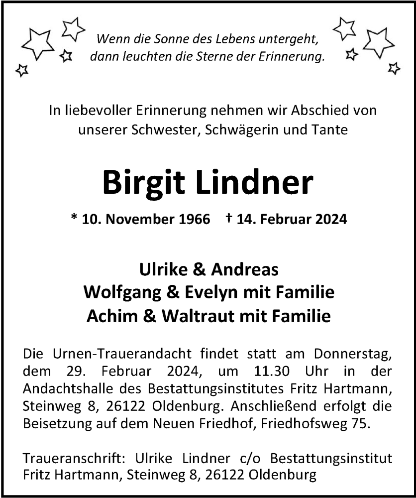  Traueranzeige für Birgit Lindner vom 24.02.2024 aus Nordwest-Zeitung