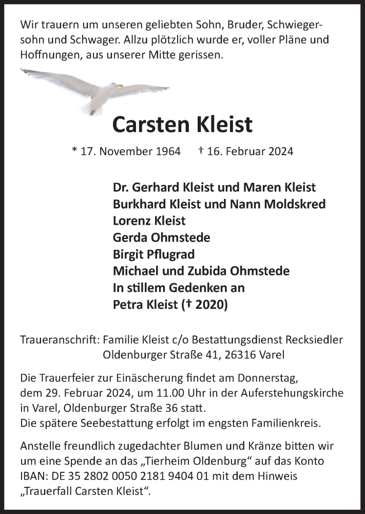  Traueranzeige für Carsten Kleist vom 23.02.2024 aus Nordwest-Zeitung