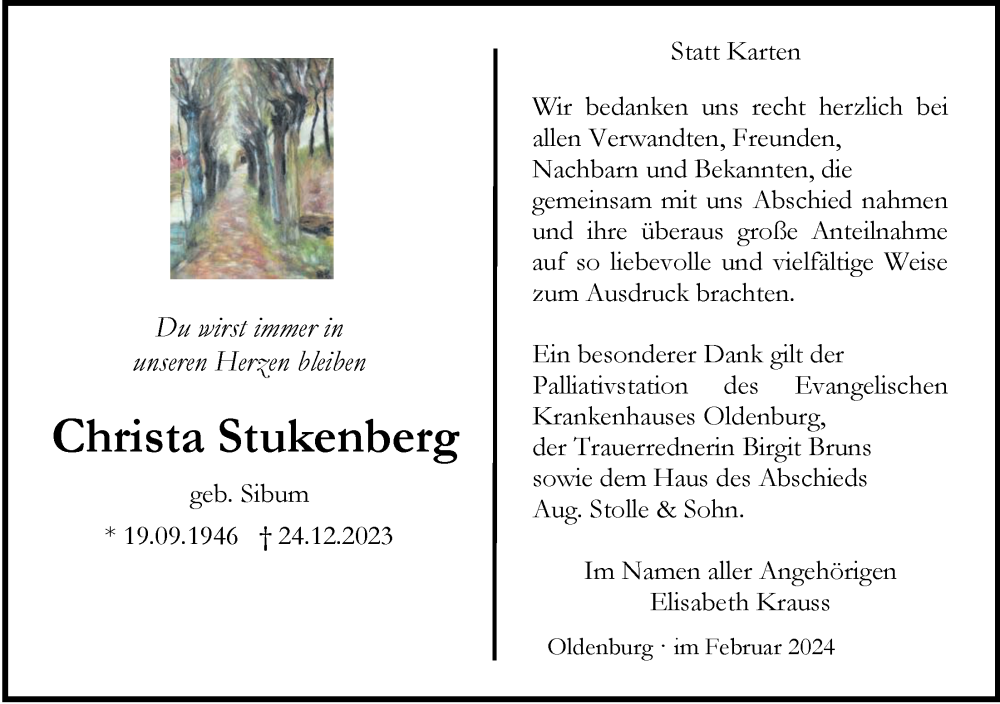  Traueranzeige für Christa Stukenberg vom 24.02.2024 aus Nordwest-Zeitung