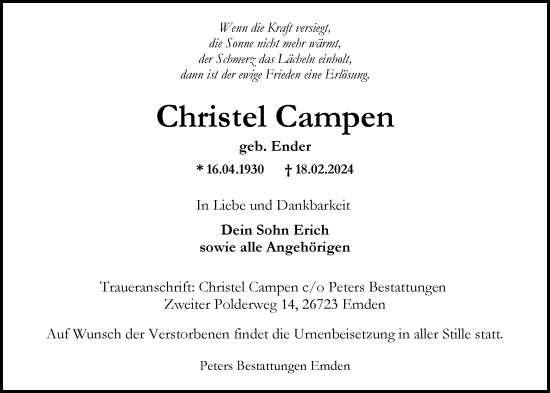 Traueranzeige von Christel Campen von Emder Zeitung