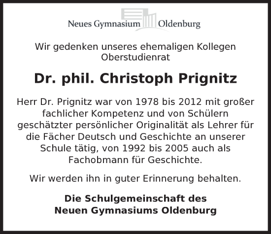Traueranzeige von Christoph Prignitz von Nordwest-Zeitung