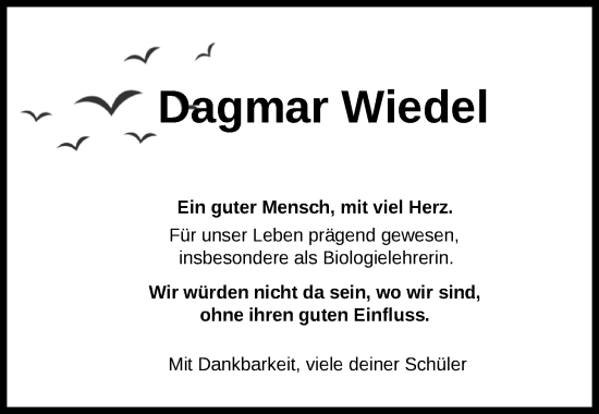 Traueranzeige von Dagmar Wiedel von WZ/JW/AH