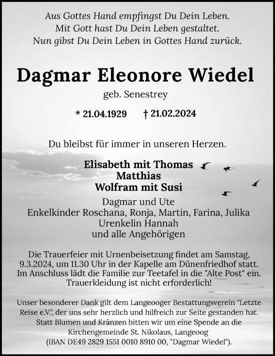 Traueranzeige von Dagmar Wiedel von WZ/JW/AH