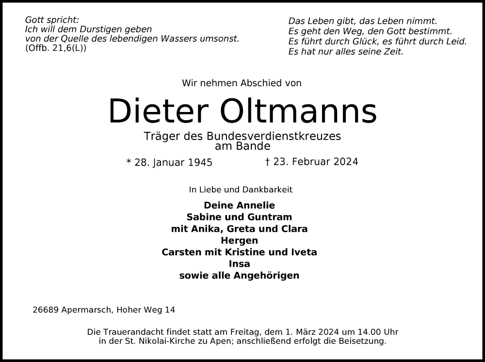  Traueranzeige für Dieter Oltmanns vom 27.02.2024 aus Nordwest-Zeitung