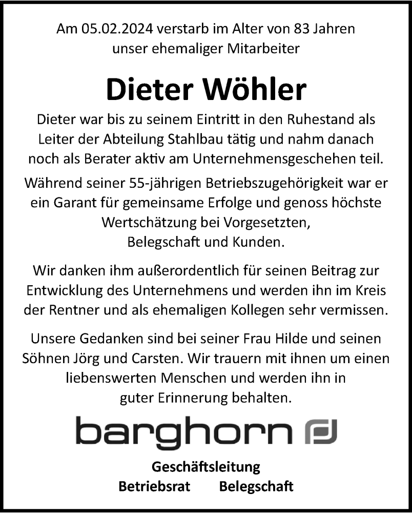  Traueranzeige für Dieter Wöhler vom 08.02.2024 aus Nordwest-Zeitung