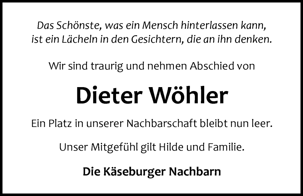  Traueranzeige für Dieter Wöhler vom 07.02.2024 aus Nordwest-Zeitung