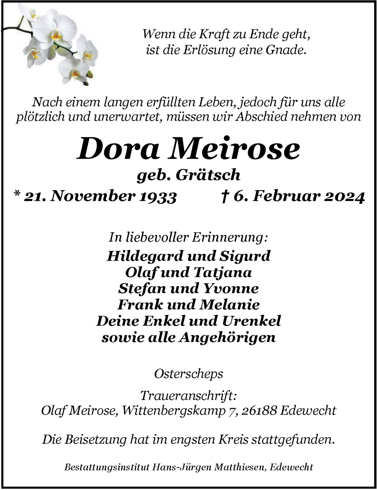  Traueranzeige für Dora Meirose vom 17.02.2024 aus Nordwest-Zeitung