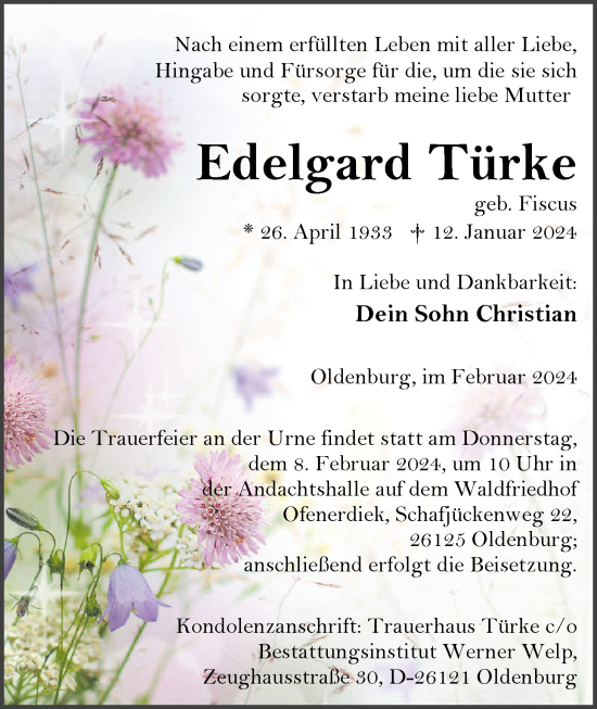 Traueranzeige von Edelgard Türke von Nordwest-Zeitung