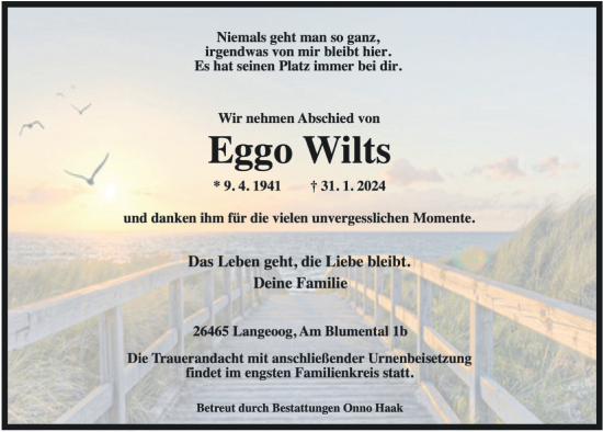 Traueranzeige von Eggo Wilts von WZ/JW/AH