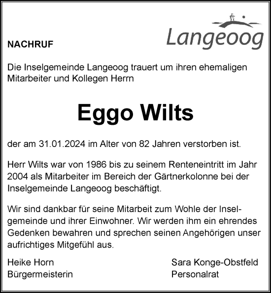Traueranzeige von Eggo Wilts von WZ/JW/AH