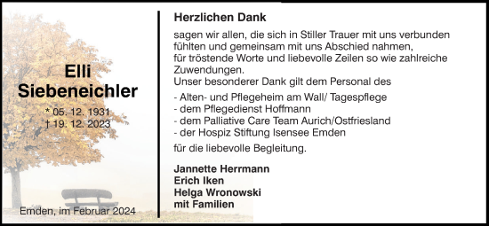 Traueranzeige von Elli Siebeneichler von Nordwest-Zeitung