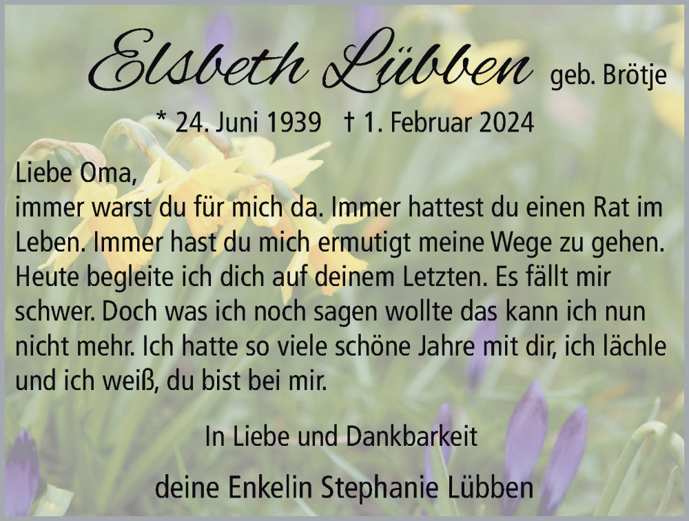  Traueranzeige für Elsbeth Lübben vom 10.02.2024 aus Nordwest-Zeitung