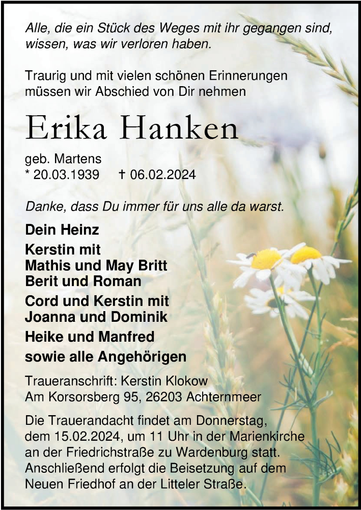  Traueranzeige für Erika Hanken vom 10.02.2024 aus Nordwest-Zeitung