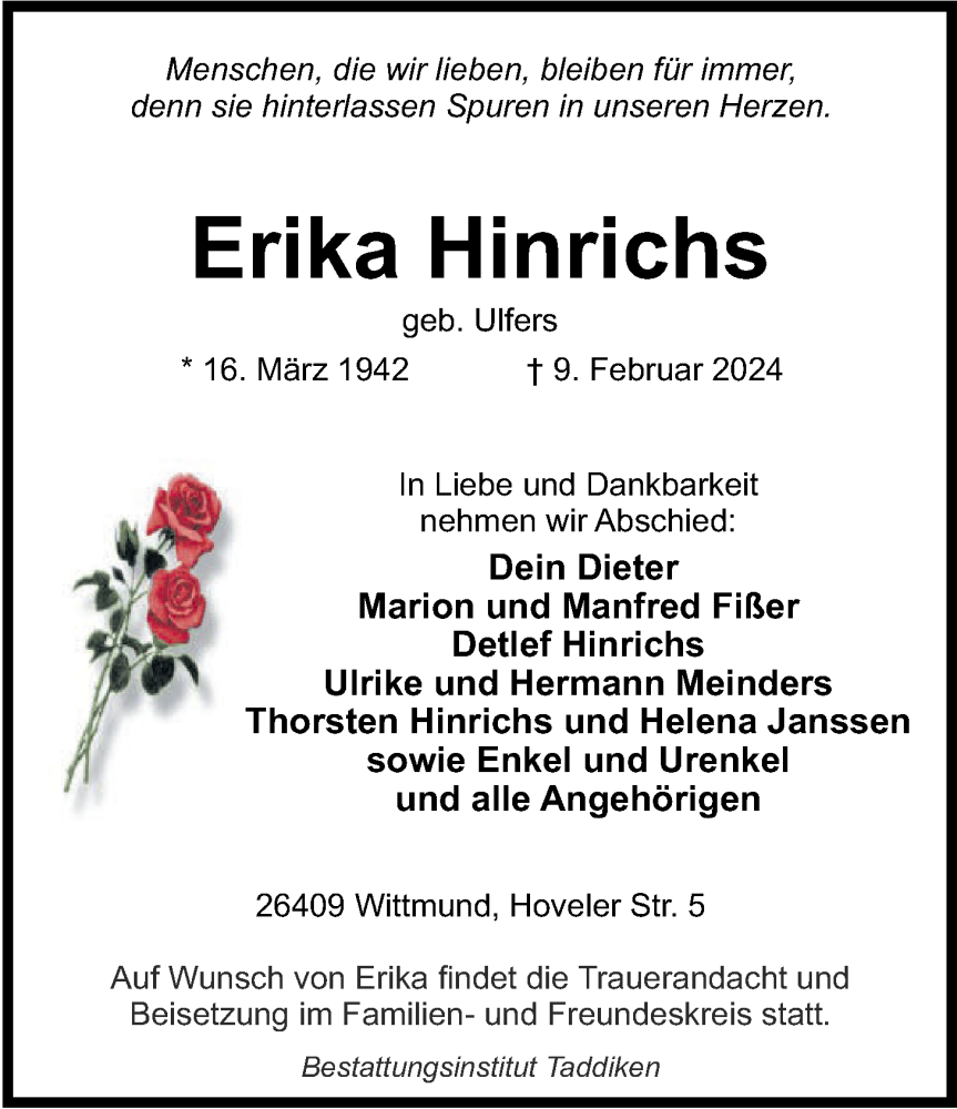  Traueranzeige für Erika Hinrichs vom 13.02.2024 aus WZ/JW/AH