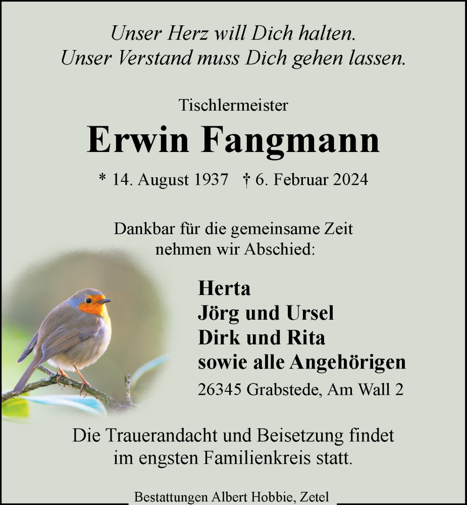  Traueranzeige für Erwin Fangmann vom 09.02.2024 aus Nordwest-Zeitung