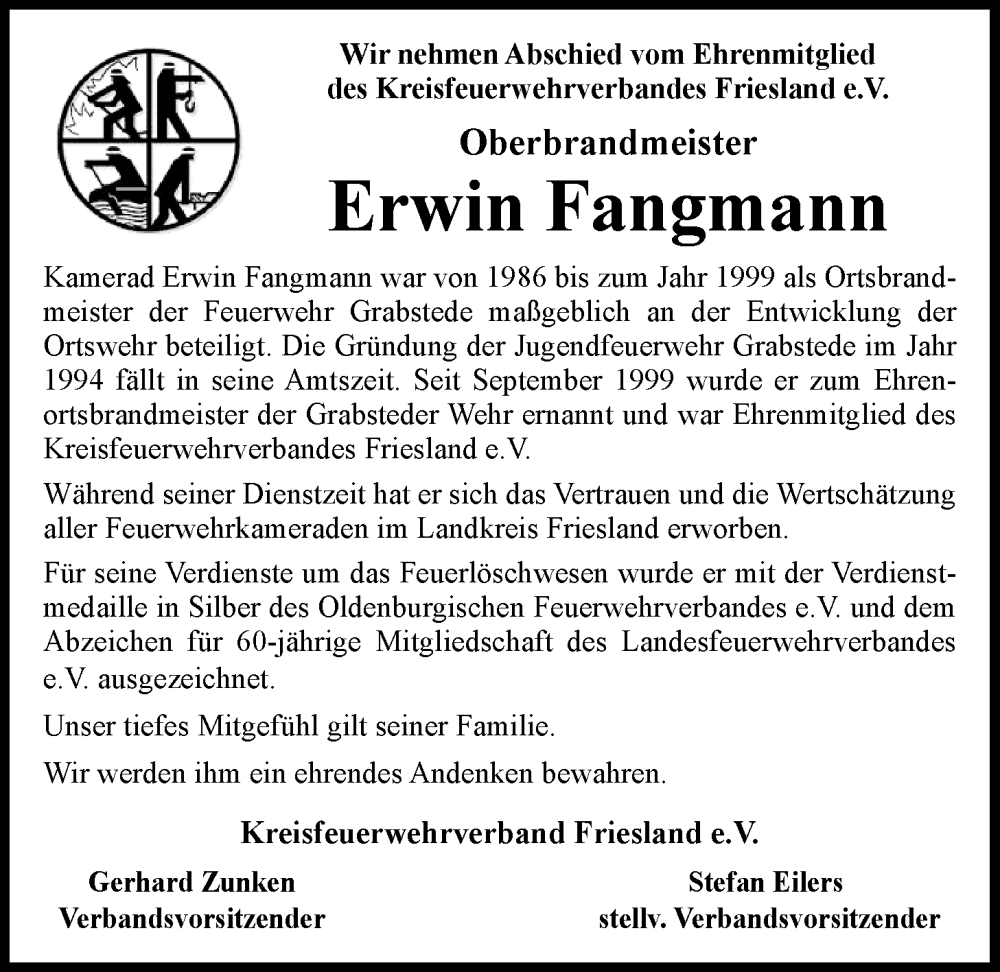  Traueranzeige für Erwin Fangmann vom 13.02.2024 aus Nordwest-Zeitung