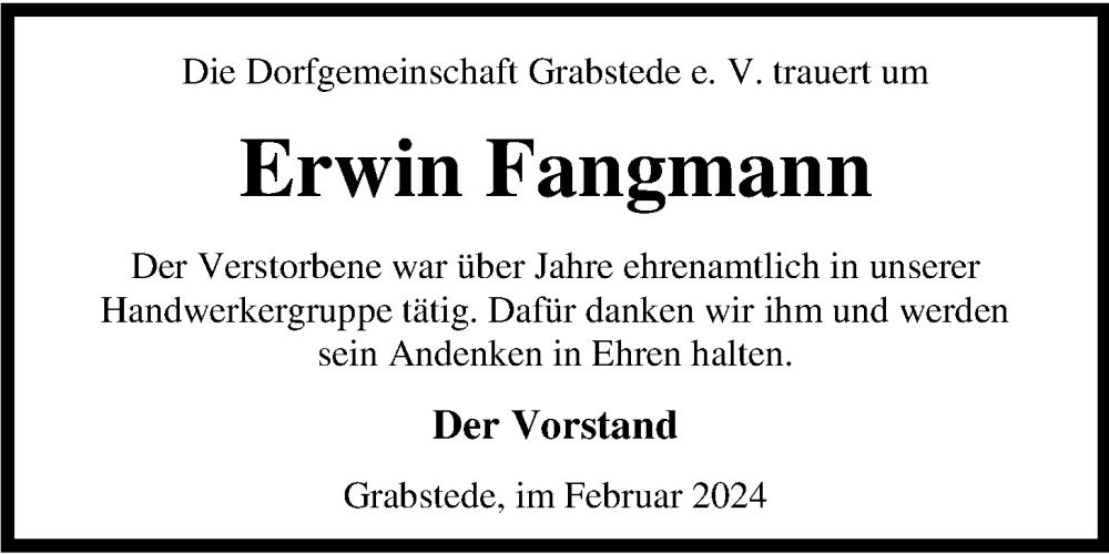  Traueranzeige für Erwin Fangmann vom 13.02.2024 aus Nordwest-Zeitung