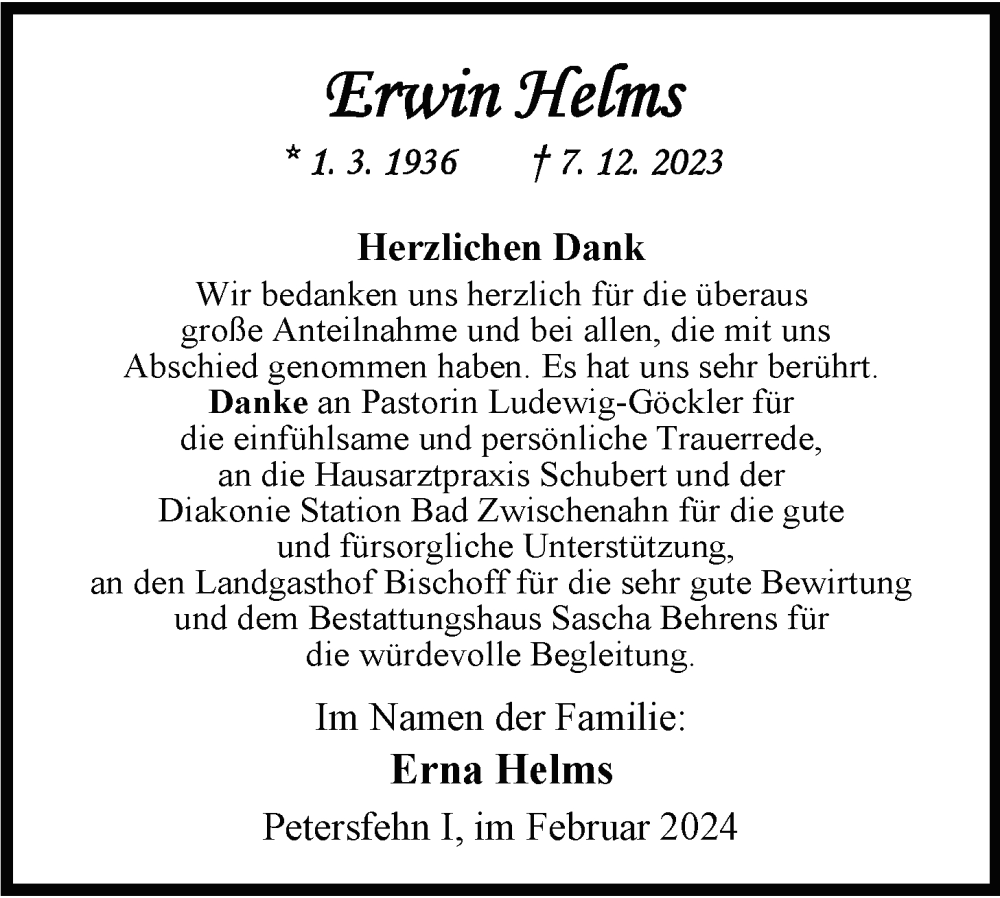  Traueranzeige für Erwin Helms vom 17.02.2024 aus Nordwest-Zeitung