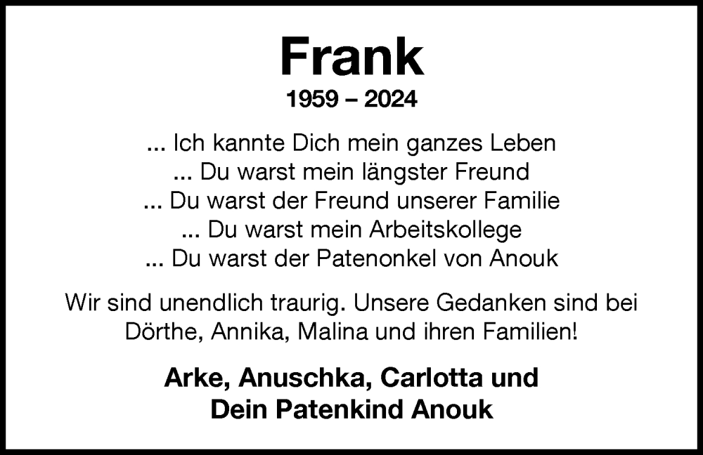  Traueranzeige für Frank Gries vom 17.02.2024 aus Nordwest-Zeitung