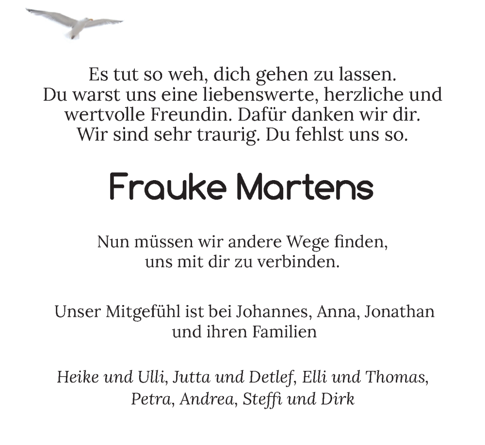  Traueranzeige für Frauke Martens vom 03.02.2024 aus Nordwest-Zeitung