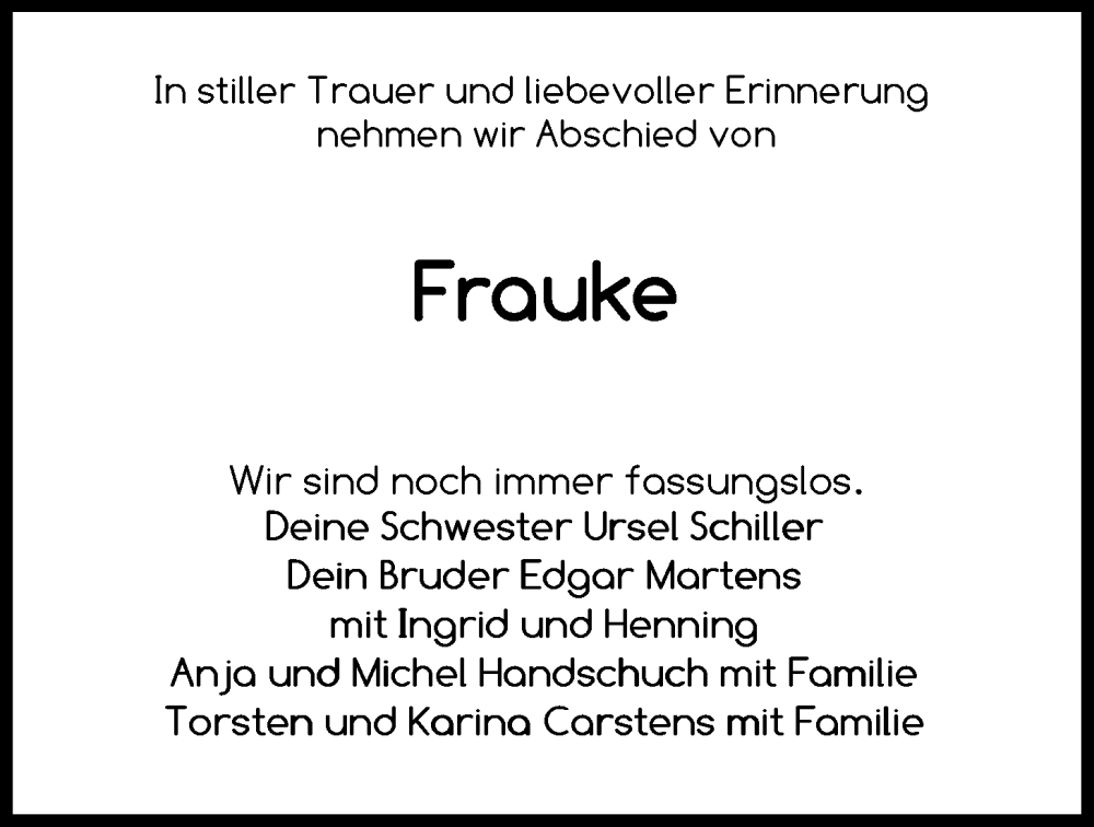  Traueranzeige für Frauke Martens vom 03.02.2024 aus Nordwest-Zeitung