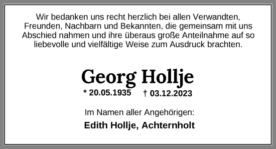 Traueranzeige von Georg Hollje von Nordwest-Zeitung