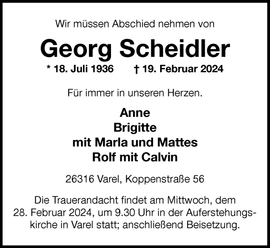 Traueranzeige von Georg Scheidler von Nordwest-Zeitung