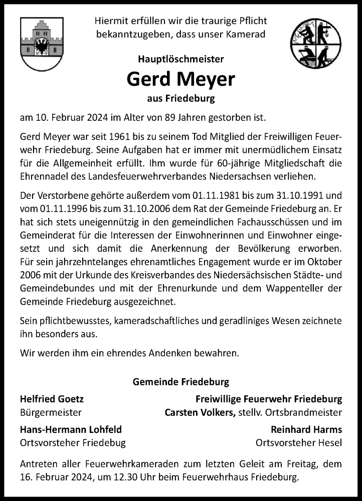  Traueranzeige für Gerd Meyer vom 13.02.2024 aus WZ/JW/AH