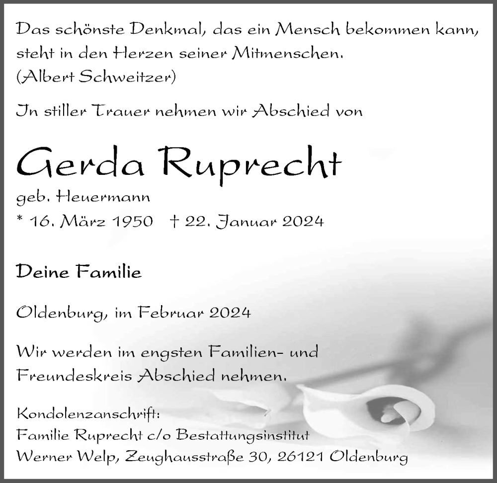  Traueranzeige für Gerda Ruprecht vom 03.02.2024 aus Nordwest-Zeitung