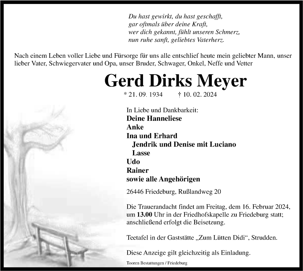  Traueranzeige für Gerd Dirks Meyer vom 13.02.2024 aus WZ/JW/AH