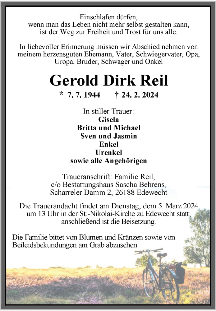  Traueranzeige für Gerold Reil vom 01.03.2024 aus Nordwest-Zeitung