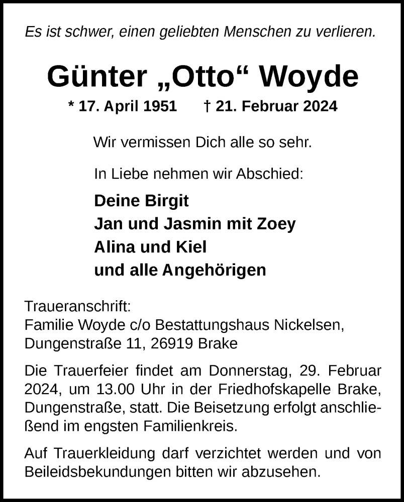  Traueranzeige für Günter Woyde vom 24.02.2024 aus Nordwest-Zeitung