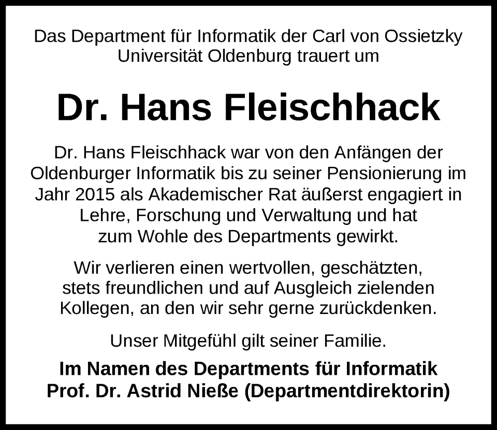  Traueranzeige für Hans Fleischhack vom 17.02.2024 aus Nordwest-Zeitung