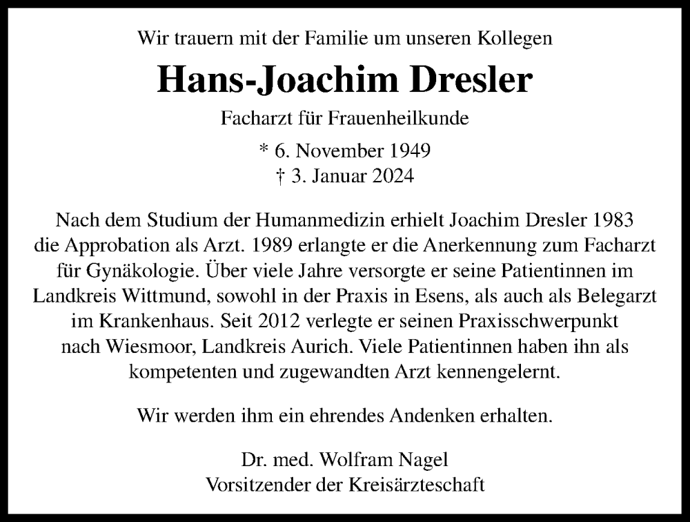  Traueranzeige für Hans-Joachim Dresler vom 13.02.2024 aus WZ/JW/AH