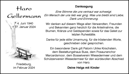 Traueranzeige von Haro Gellermann von WZ/JW/AH