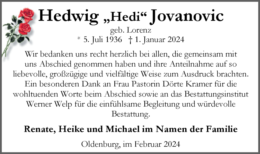  Traueranzeige für Hedwig Jovanovic vom 17.02.2024 aus Nordwest-Zeitung