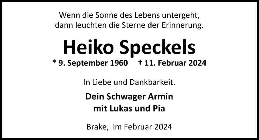  Traueranzeige für Heiko Speckels vom 22.02.2024 aus Nordwest-Zeitung