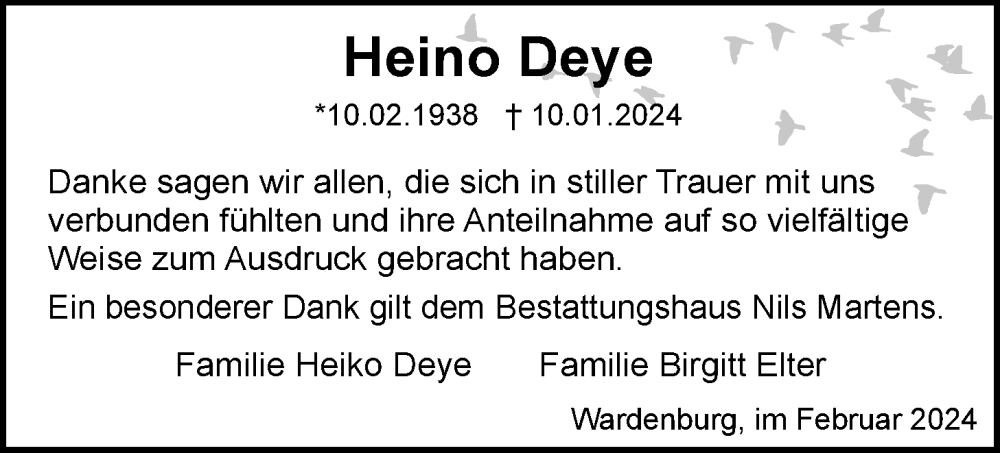  Traueranzeige für Heino Deye vom 28.02.2024 aus Nordwest-Zeitung