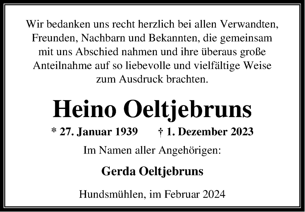  Traueranzeige für Heino Oeltjebruns vom 17.02.2024 aus Nordwest-Zeitung