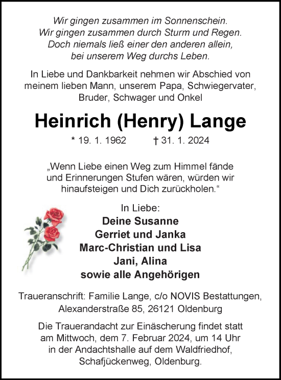 Traueranzeige von Heinrich (Henry) Lange von Nordwest-Zeitung