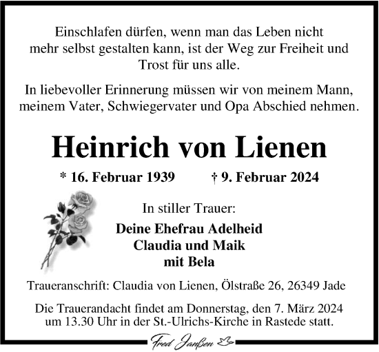 Traueranzeige von Heinrich von Lienen von Nordwest-Zeitung