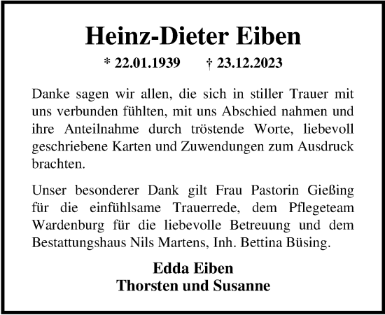 Traueranzeige von Heinz-Dieter Eiben von Nordwest-Zeitung
