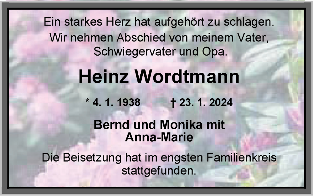  Traueranzeige für Heinz Wordtmann vom 03.02.2024 aus Nordwest-Zeitung
